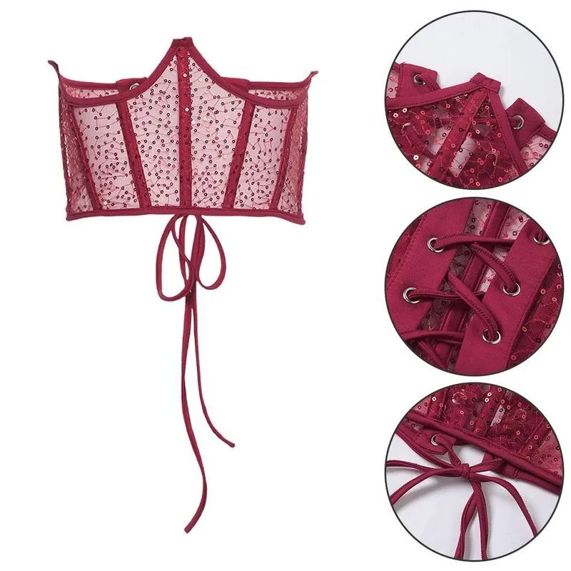 

Corset Women Abdomen Lace Straps Female Fashion Slim Waistband Sexy Irregular Cut Mesh Sequins Lace Up Corselet Bustier Crop Top