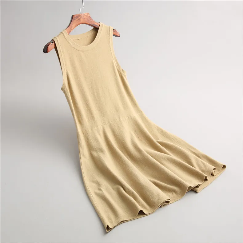 

Women's Winter High Quality Long Knitting Bottoming Casual Women Sleeveless O-neck A-Line Sweater Dress Ladies