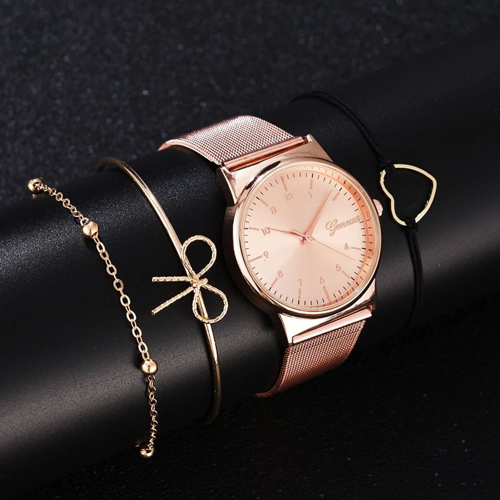 

Fashion 4pcs Set Women Bracelet Watch Set Simple Dress Rose Gold Ladies Wrist Watch Luxury Female Quartz Clock Gifts Reloj Mujer