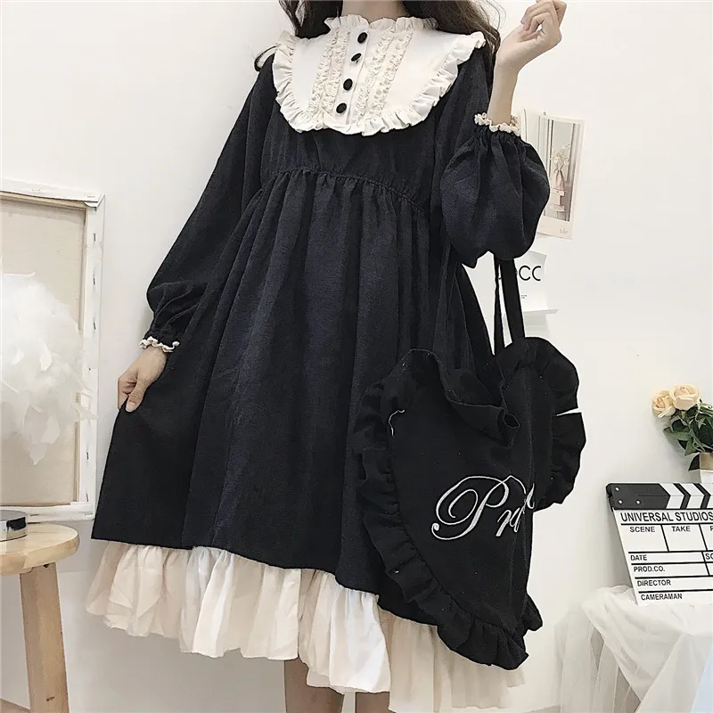 

Japanese Style 2020 Autumn Women'S Dresses O-Neck High Waist Slimming Contrast-Color Ruffled Sweet Dress Kawaii Clothing