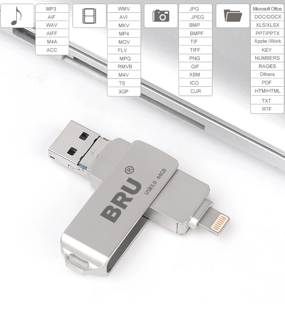 BRU usb OTG Флешка usb флеш-накопитель 3,0 3in116G32G64G128G256GB для iPhone 11 Pro XS X Android type-c логотип на заказ