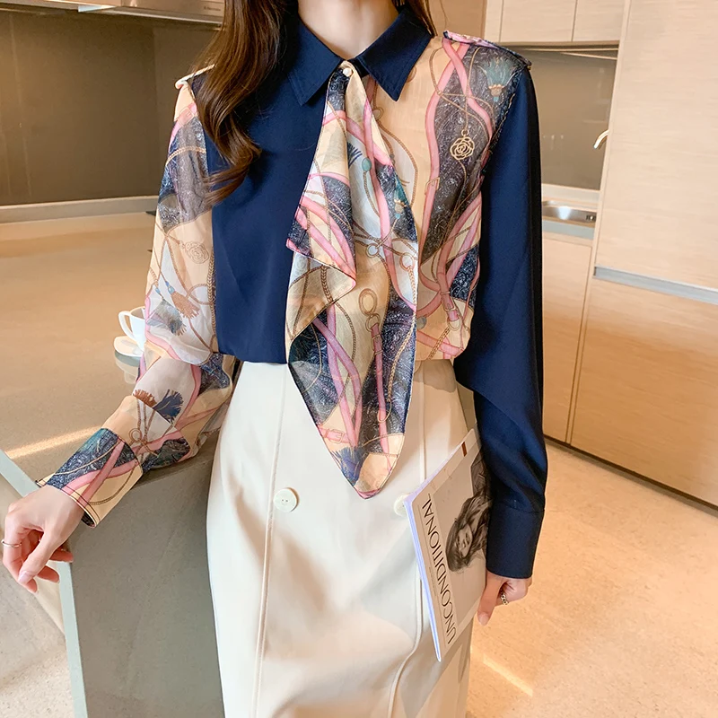

2021 Spring and Autumn New Fashion Epaulettes Beaded Buttons Asymmetric Stitching Printed Silk Scarf Long-sleeved Shirt Women