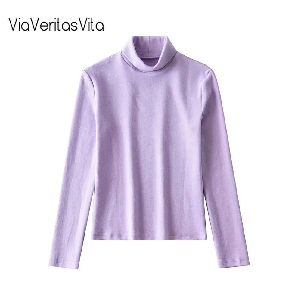 

Осень 2020, Женская однотонная водолазка, тонкая футболка с длинным рукавом, фиолетовые укороченные повседневные блузки, Женский облегающий ...