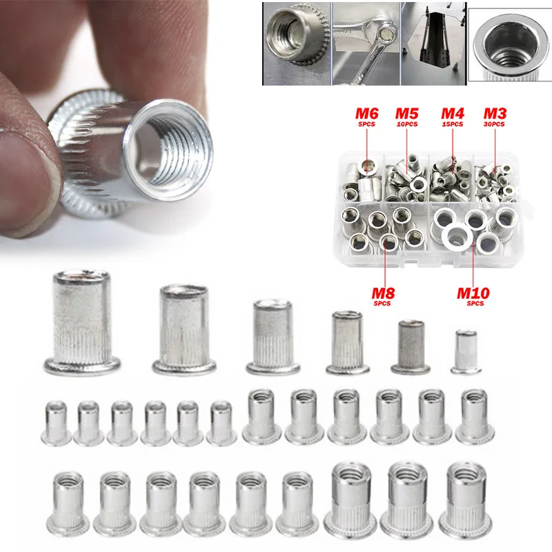 

70PCS Aluminum Insert Rivet Nut M3/M4/M5/M6/M8/M10 with box bolt and nut furniture CN(Origin)