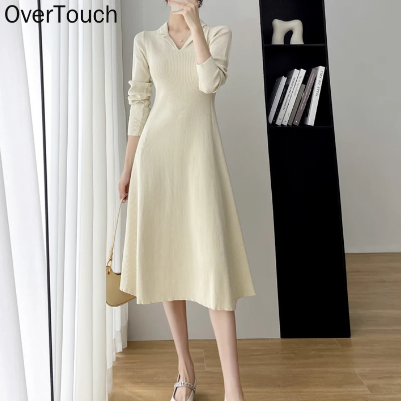 

Overtouch Autumn Winter 2021 Female Elegant Solid OL Midi Dress Women's V-Neck Long Sleeves Black Knitted Sweater Dress Ladies
