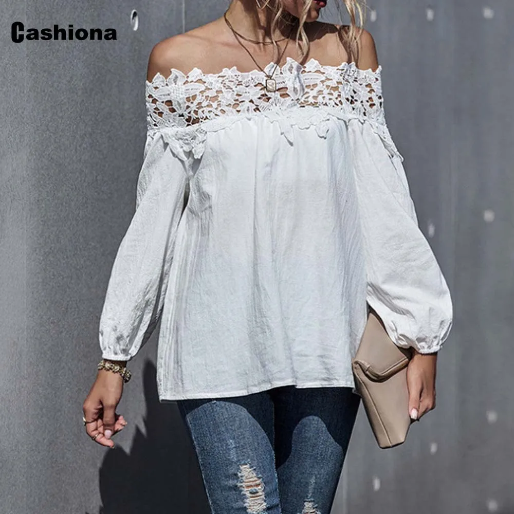 Plus Size 4xl Womens Puff Sleeve Casual Shirt Blouse Latest Summer Basic Top Slash neck Women Elegant Fashion Lace Shirt blusas