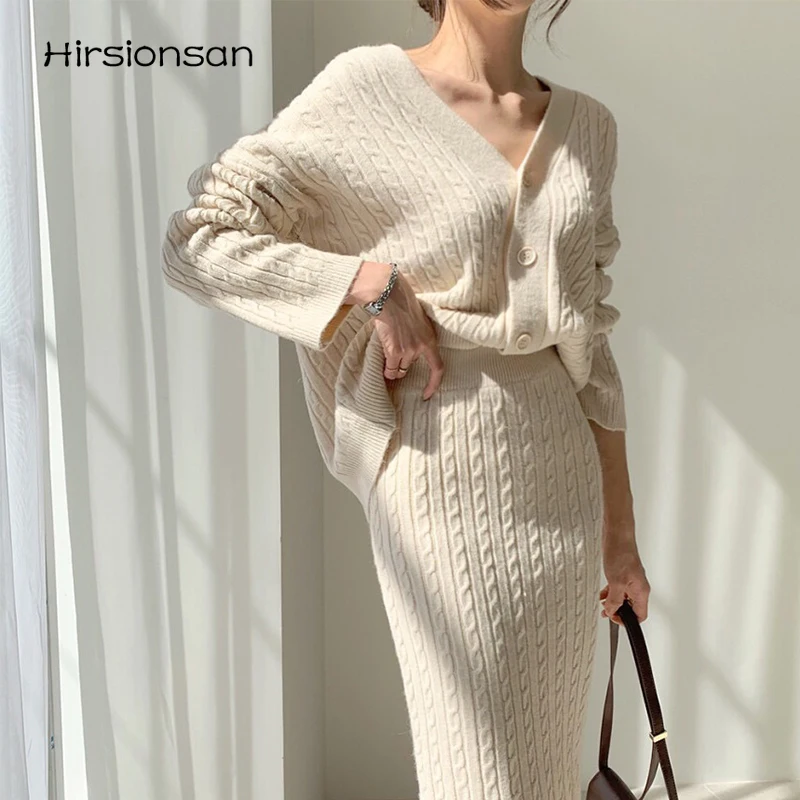 

Hirsionsan Soft Cashmere Knitted Sweater Sets Women Casual V-neck Sweater Two Peice Sets Button Fashion Solid Loose Outfits Lady