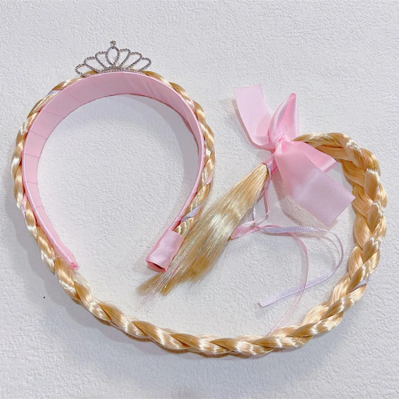 

Pink Princess Crown Braid Hair Band Cartoon Headdress Cute Girl Rhinestone Bow Headband Hair Accessories Child Cos Party Decor