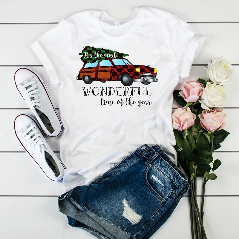 

Women Lady T Shirt Christmas Tree Printed Tshirt Ladies Short Sleeve Loose Tee Shirt Women Female Tops Clothes Graphic T-shirt