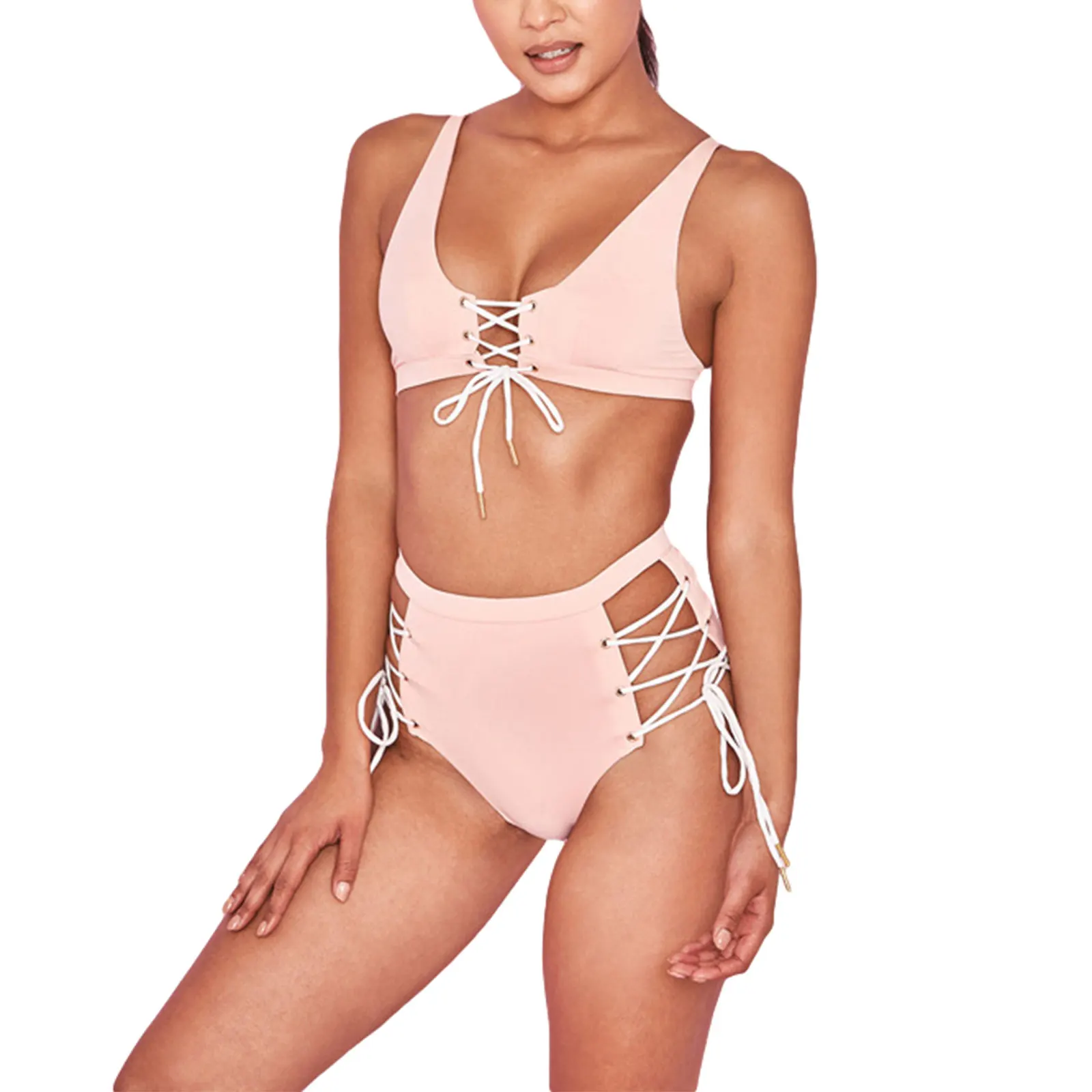 

Новый женский сексуальный купальный костюм, женский летний пляжный топ на шнуровке и низ с высокой талией, стильный бандажный купальный кос...