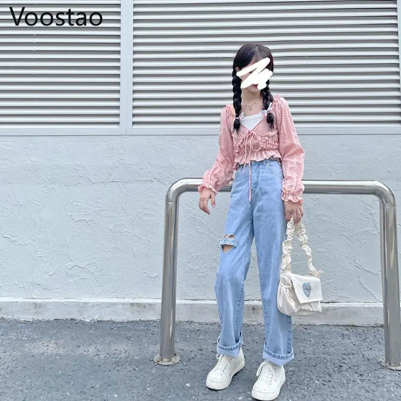 Милые синие джинсовые брюки с высокой талией женские шикарные широкие вырезами