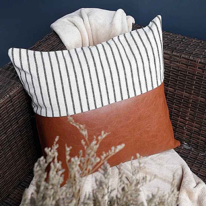 YokiSTG PU Leather Cushion Covers For Sofa Bed Car Seat Brown Linen Stripe Decorative Pillowcases Luxurious Throw Pillow Home | Дом и сад