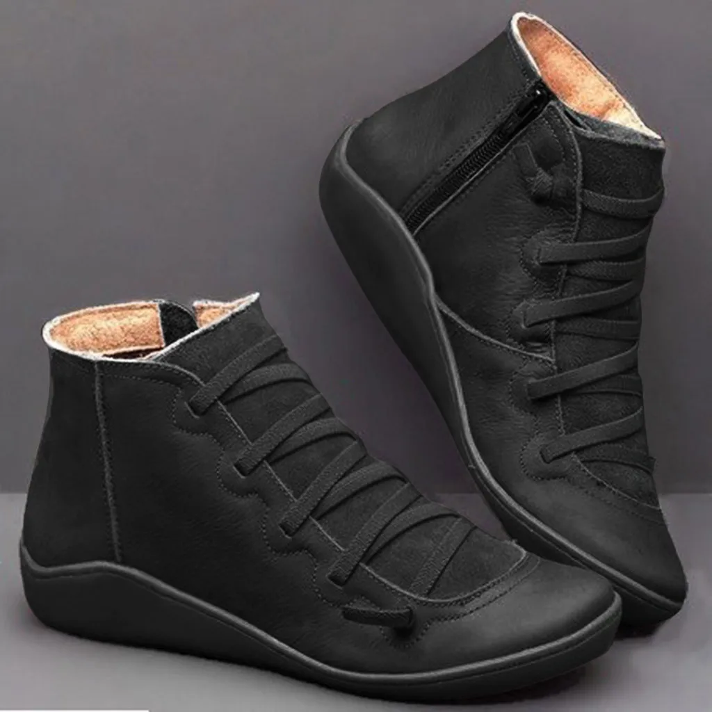 

2020 New Women's Casual Flat Leather Retro Lace-up Boots Side Zipper Round Toe Shoe Leather Ankle Boots Zapatos Mujer Wram Botas