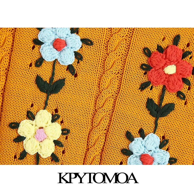 KPYTOMOA женский милый Модный укороченный вязаный жилет с цветочной вышивкой свитер