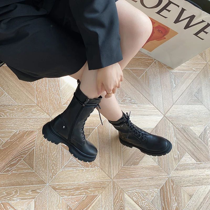 

Genuine Cow Leather Martin boots women's thick-soled flat heel 2020 autumn British style round toe ankle boots women