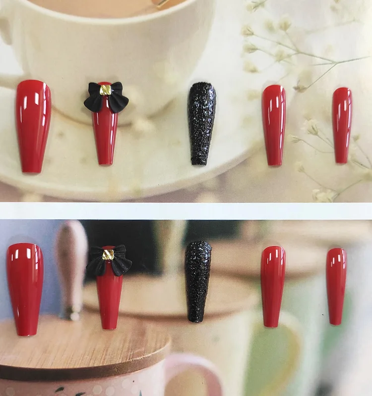 28pcs Coffin Fake Nails Surper Long Red Black Bow Ballerina Full Nail Art Tips Press on Artificial False Nails Set COL-LB1