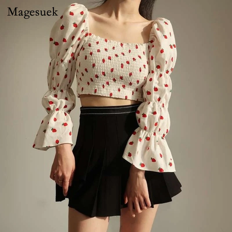 

New Off Shoulder Party Tops Slash Neck Print Strawberry Blouse Women Puff Sleeve Shirts Vintage Clothes White Black Yellow 14369