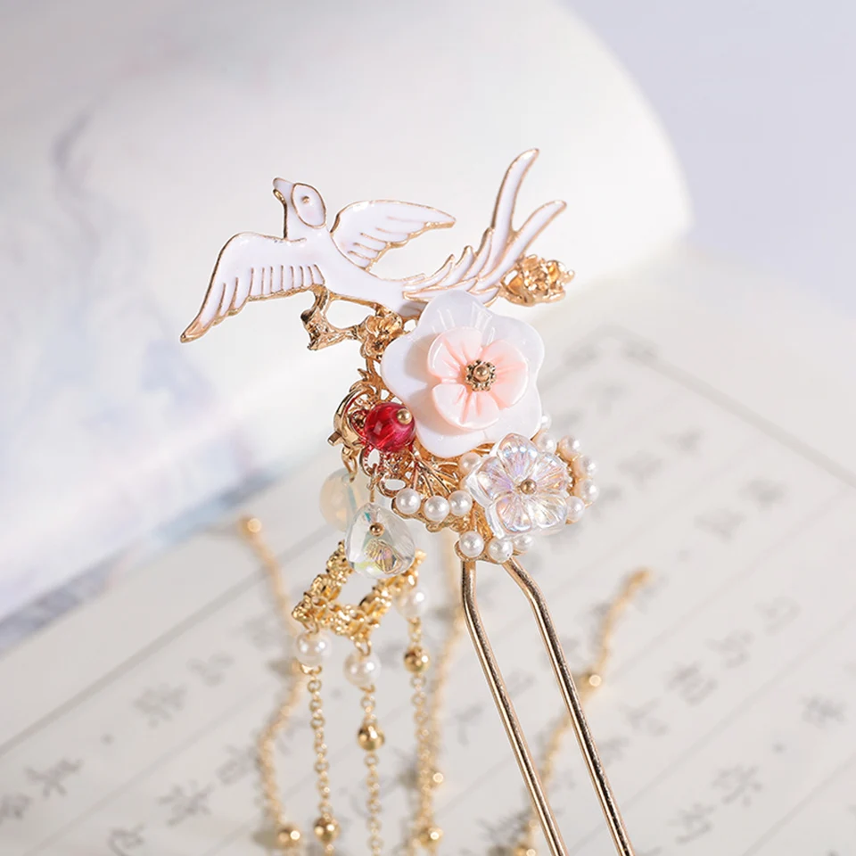 

Chinese Traditional Vintage Flower Simulated Pearls Tassel Hair Sticks Women Girl Wedding Party Headwear