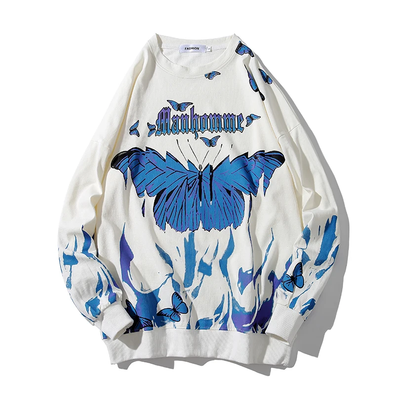 

Butterfly Fire Flame Print sweatshrit men Streetwear Hip Hop Casual long Sleeve pullover Men Harajuku Hipster Fashion Tops