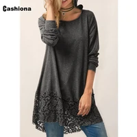 cashiona ladies fashion leisure t shirt autumn long womens top 2021 spliced lace tees shirt loose pullovers femme 5xl