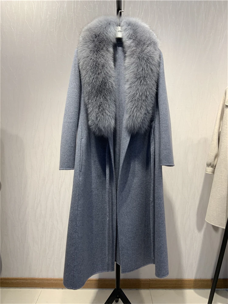 OFTBUY новое пальто с натуральным мехом, зимняя куртка для женщин, Воротник из натурального Лисьего меха, шерсть, тонкая Длинная Верхняя одежда с поясом, женская уличная одежда