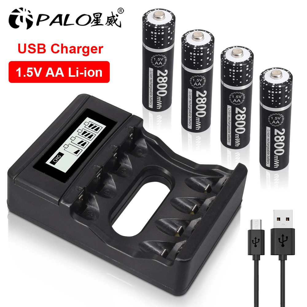 

PALO 1.5V Li-ion AA Rechargeable Battery 2800mWh Stable Voltage 1.5v Rechargeable Battery AA for doll dell Flashlight