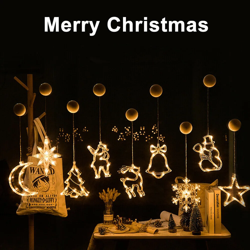

Christmas LED Lights Window Hanging Light With Suction Cup Santa Claus Snowflake Bell For Xmas Tree Decoration Holiday Ornaments