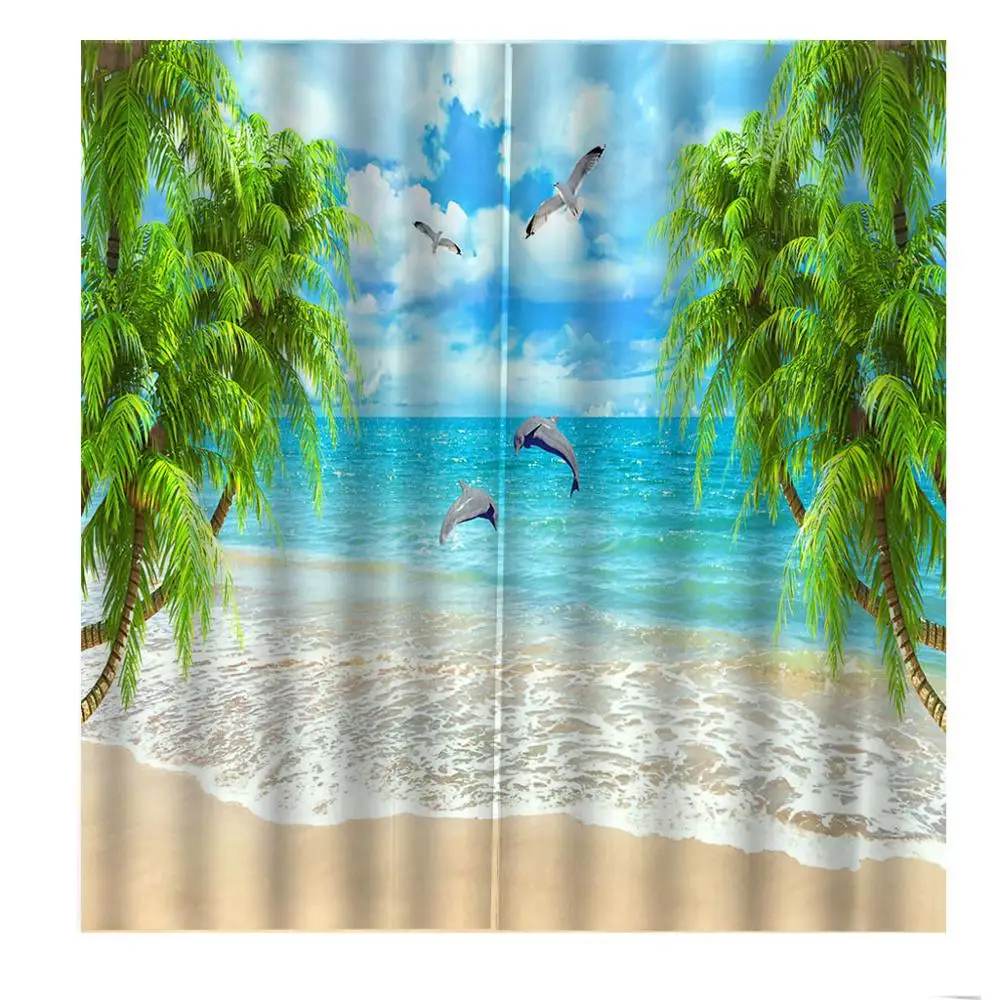 

Custom Seaside Scenery Coconut Curtain Luxury Blackout 3D Window Living Room Bedroom Dolphin seagull Window Drapes