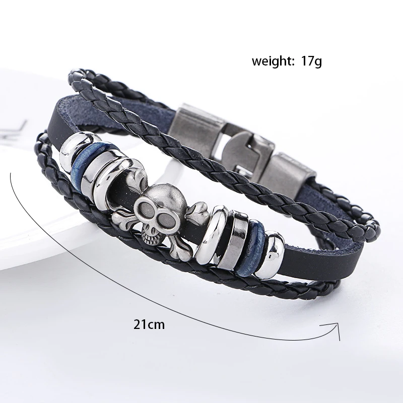 Многослойный браслет с черепом мужские повседневные модные плетеные кожаные