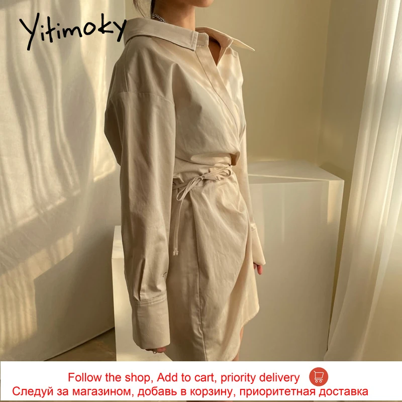 

Yitimoky Vintage High Waist Shirts Dress for Women 2021 Long Sleeve Turn-down Collar Lace Up Loose Spring Clothes Korean Fashion