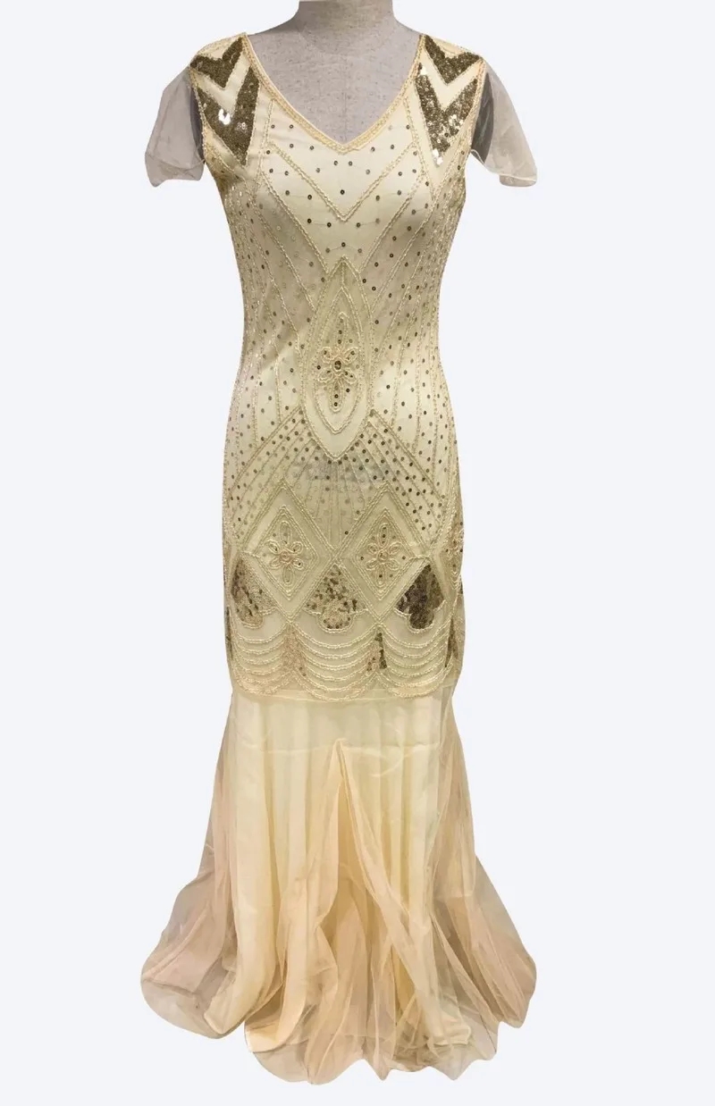 Женское длинное платье с блестками Прозрачное макси в стиле 1920-х коротким