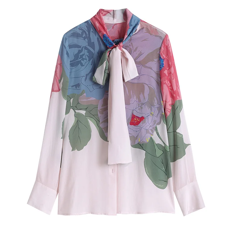 

AELESEEN Runway Fashion 100% Silk Blouse 2020 High Quality Bow Collar Flower Print Party Office Ladies Party Elegant Blouse Top