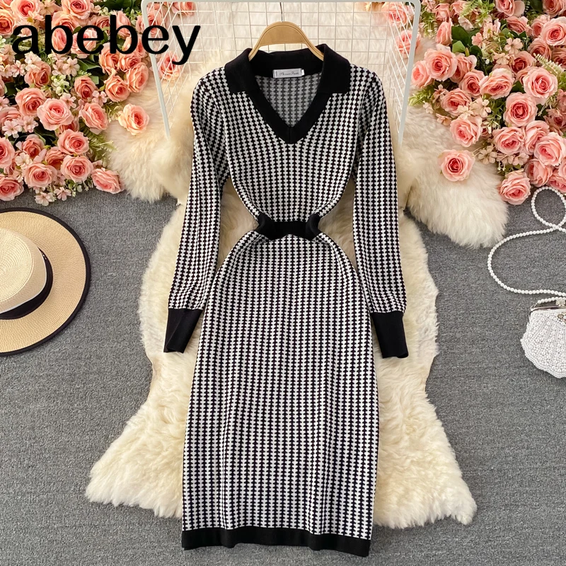 

Женское трикотажное платье в клетку, облегающее эластичное платье-свитер в стиле ретро, модель 2021 в Корейском стиле на осень и зиму