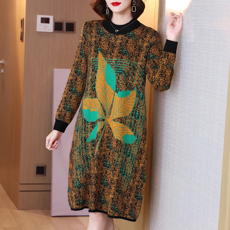 

Sweater Dress For Women Plus Size 45-75kg 2021 Autumn And Winter Round Neck Long Sleeve Loose Knitted Dresses Knee Length