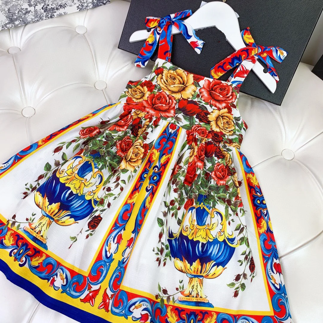 

2021 Kids girls vintage floral dress fashion summer princess dress