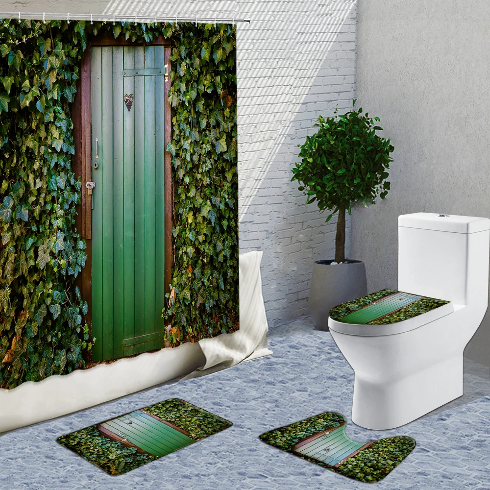 

Old Vintage Wooden Door Shower Curtains 4 Piece Set Medieval Retro Home Bathroom Decoration Curtain Set Bath Mats Rug Carpet