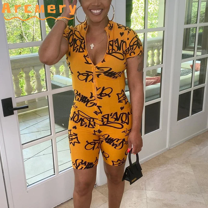 

Women Plus Size Short Sleeve Letter Printed V-neck Bodycon Romper