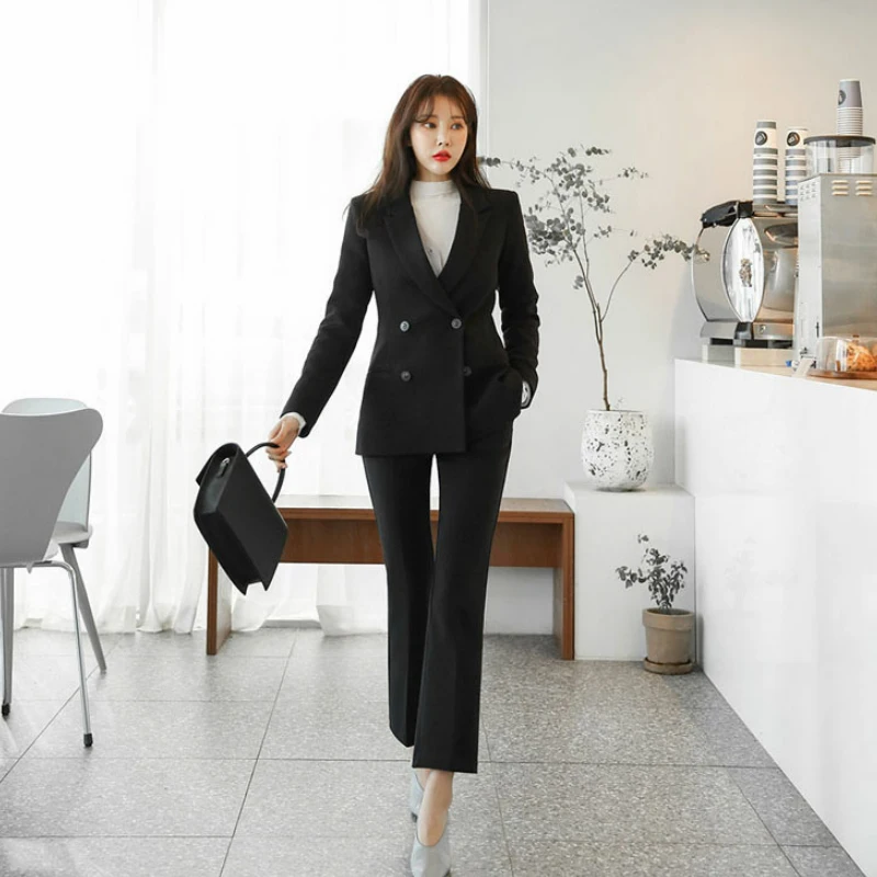 

Fashion 2 Piece Set Women Blazer Set Double-breasted Slim Jacket Pant Suit Office Ladies Work Female Suit