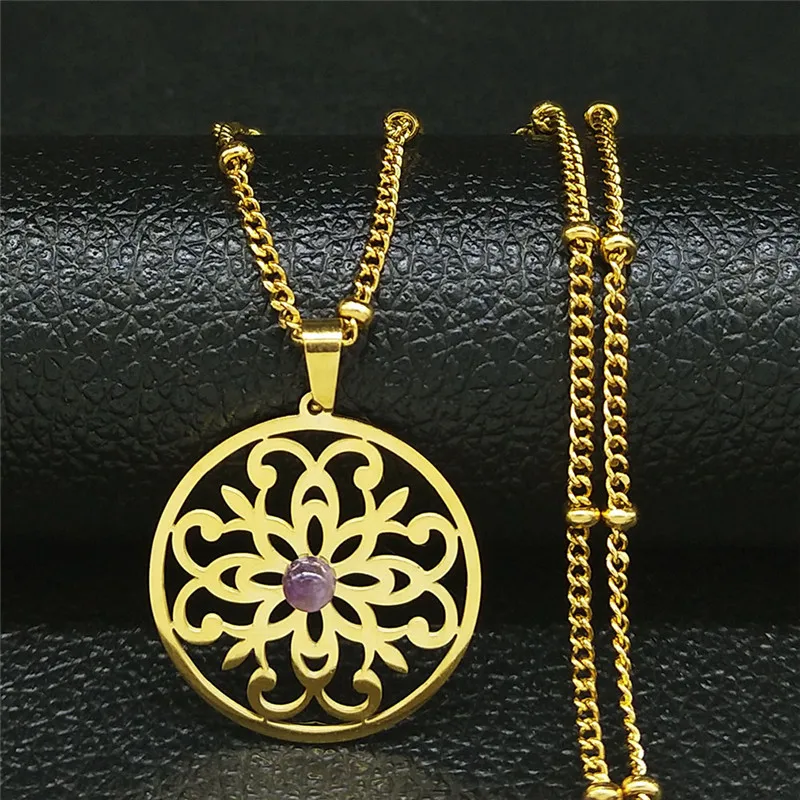 

2021 Bohemia Flower of Life Stainless Steel Purple Crystal Charm Necklace Women/Men Gold Color Jewelry collier femme NXS04