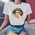 Женская футболка с леопардовым принтом, летняя футболка с круглым вырезом и принтом губ