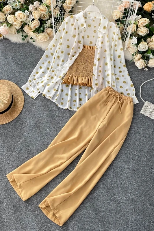 

2020 women's fashion suit elastic pleated vest suspender top elastic High Waist Wide Leg net red three piece set
