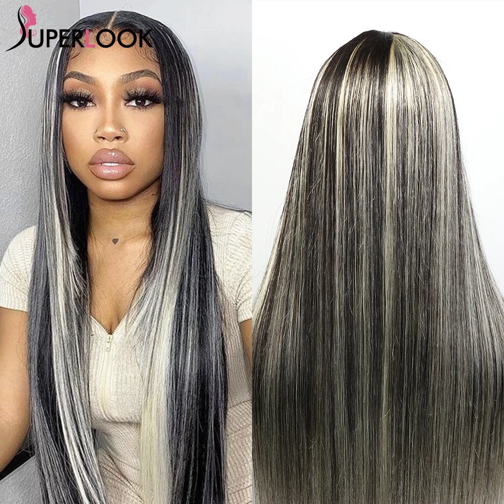 Blonde Highlight Lace Front Wig Half Black 613 Colored Straight Human Hair Wigs Pre Plucked Ombre T Part Transparent Lace Wigs