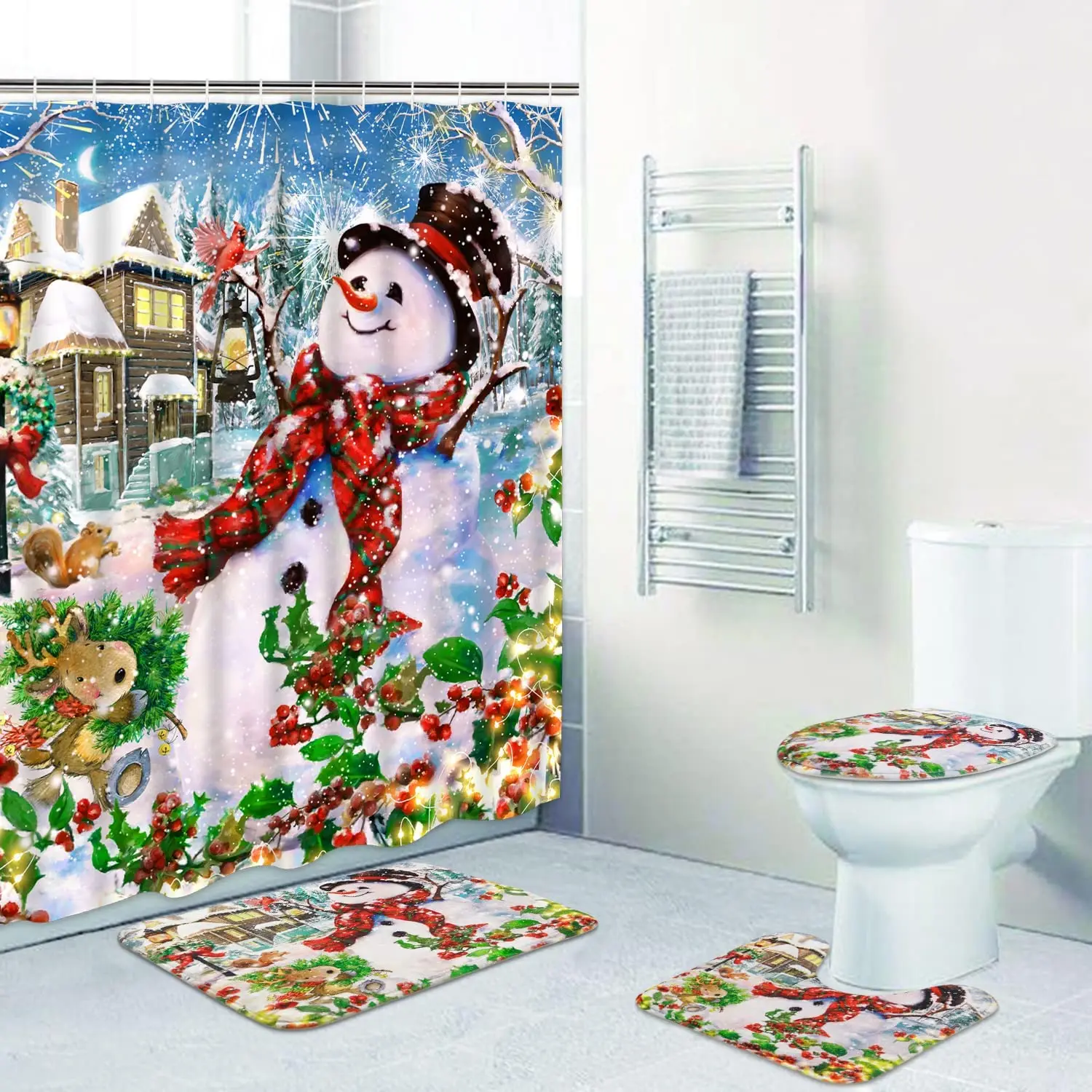 

Набор рождественских занавесок для душа с принтом снеговика, чехол на ковер, чехол для унитаза, коврик для ванной, наволочка, занавеска для ванной, бытовая
