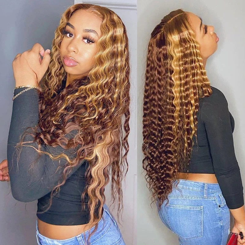 4x4x1 Brazilian Brown Color Curly Human Hair Wig Honey Blonde Ombre Deep Water Wave Wig Hd Frontal Highlight Bob Lace Front Wigs