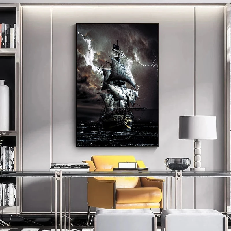 Pirate Ship Canvas Painting Black Sailboat Vintage Posters and Prints Vessel Wall Art Picture for Living Room Home Decoration | Дом и сад
