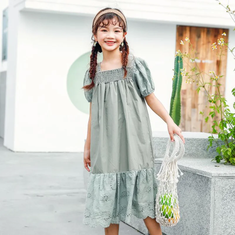 

Cultiseed Girls Vintage Cute Hollow Embroidery Square Collar Long Dress Big Children Kids Puff Sleeve Birthday Party Gowns