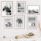 Черно-белая фотография, пальма, автомобиль, зонт для серфинга, настенная живопись, скандинавские плакаты и принты, настенные картины для декора гостиной