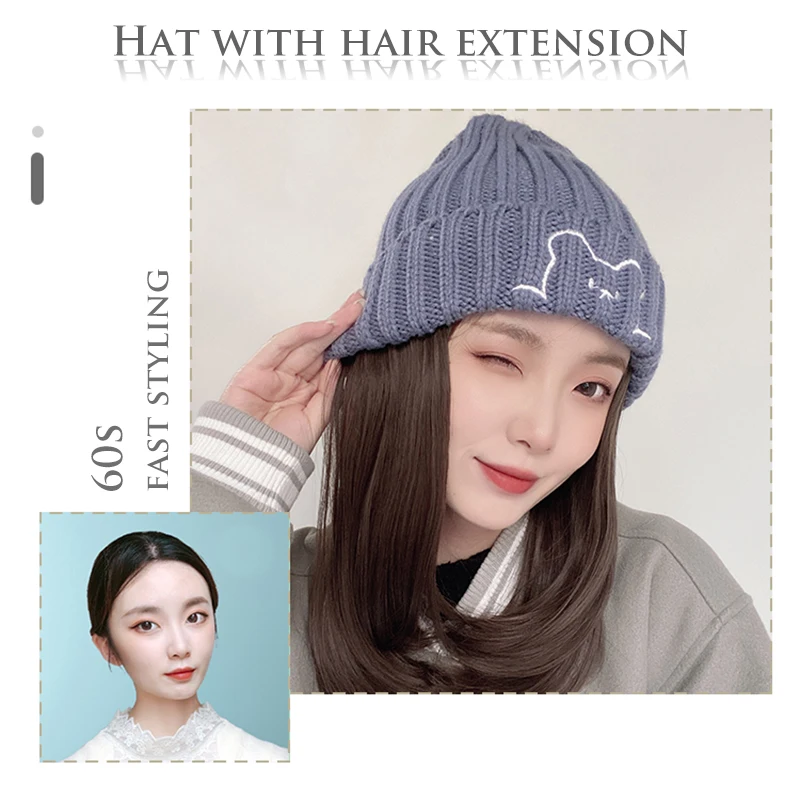 Beanie Hat Synthetic Short Wig Hat with Hair Extension Natural Hair Color Black Brown Wigs for Women Wool Product MUMUPI