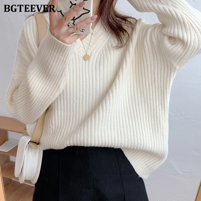 BGTEEVER винтажный шикарный v образный вырез женский свитер милый мягкий свободный в