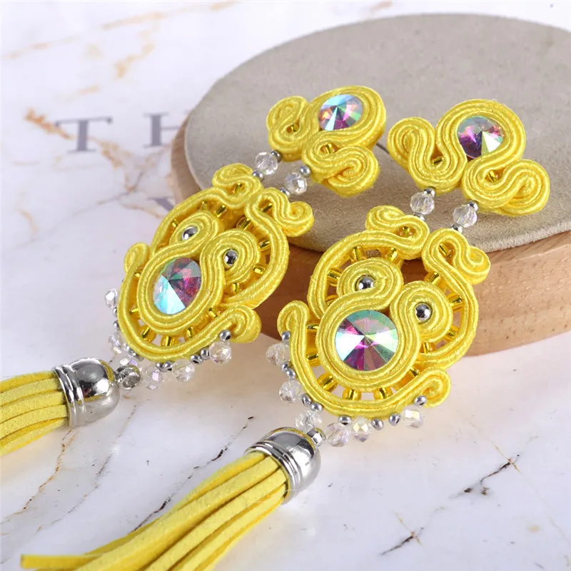 Этнические кожаные женские серьги с кисточками Soutache ювелирные изделия ручной
